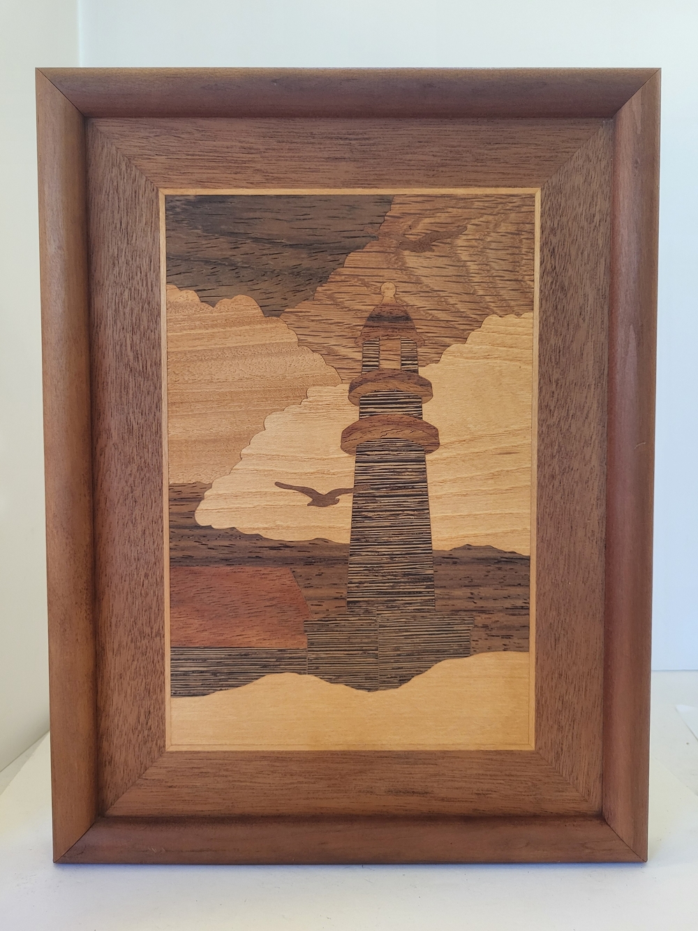 Vintage Handcrafted Wood "Lighthouse Rock" Framed Marquetry Art